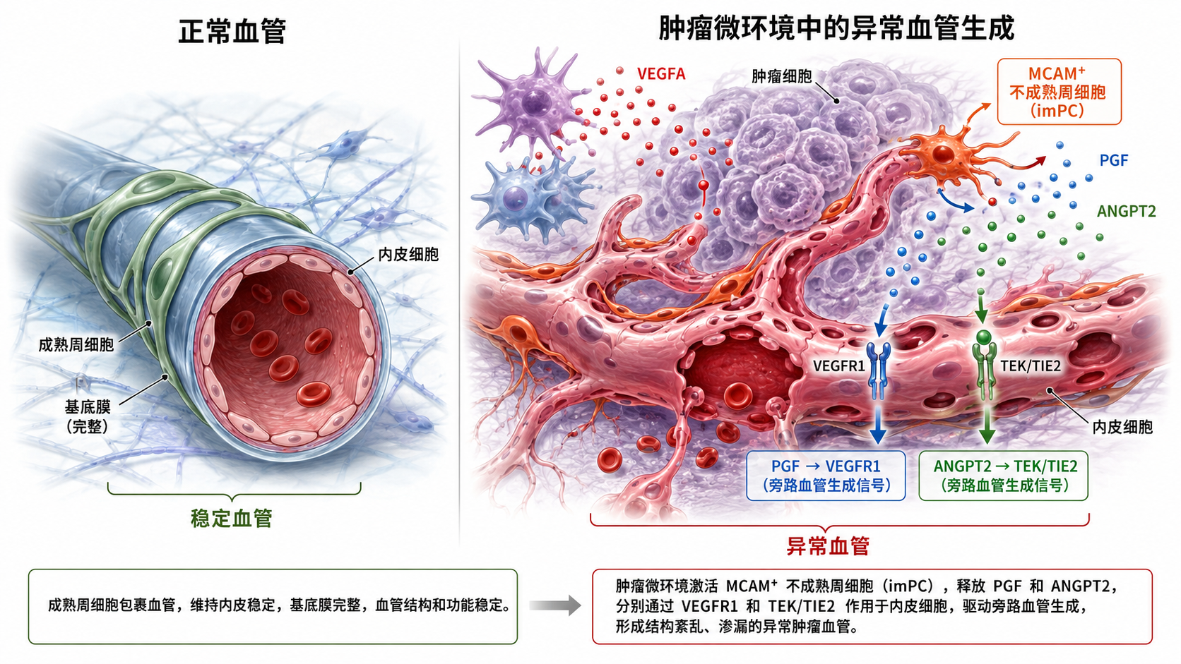 正常血管与肿瘤微环境中异常血管生成的对比